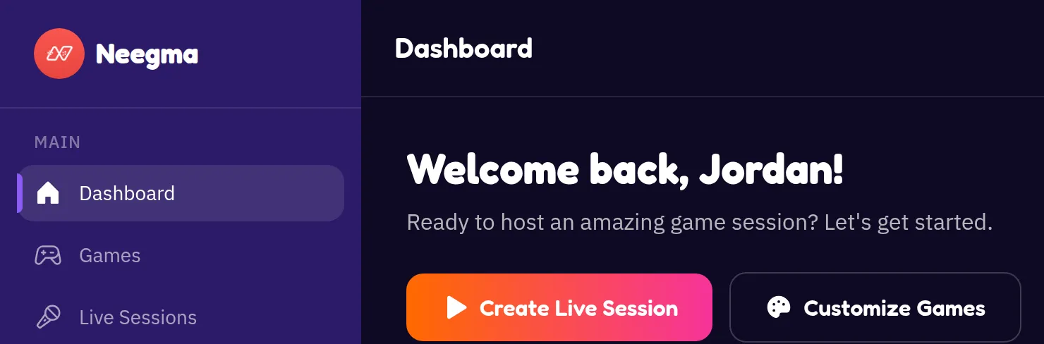 Neegma dashboard welcome banner with the Create Live Session button
