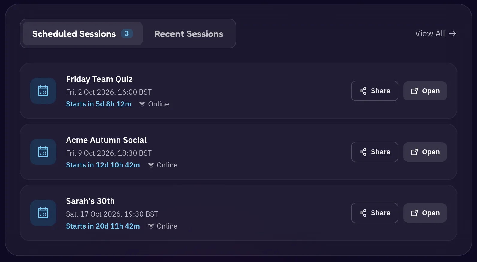 Dashboard Scheduled Sessions tab listing three upcoming events, each with a live countdown and Share and Open buttons