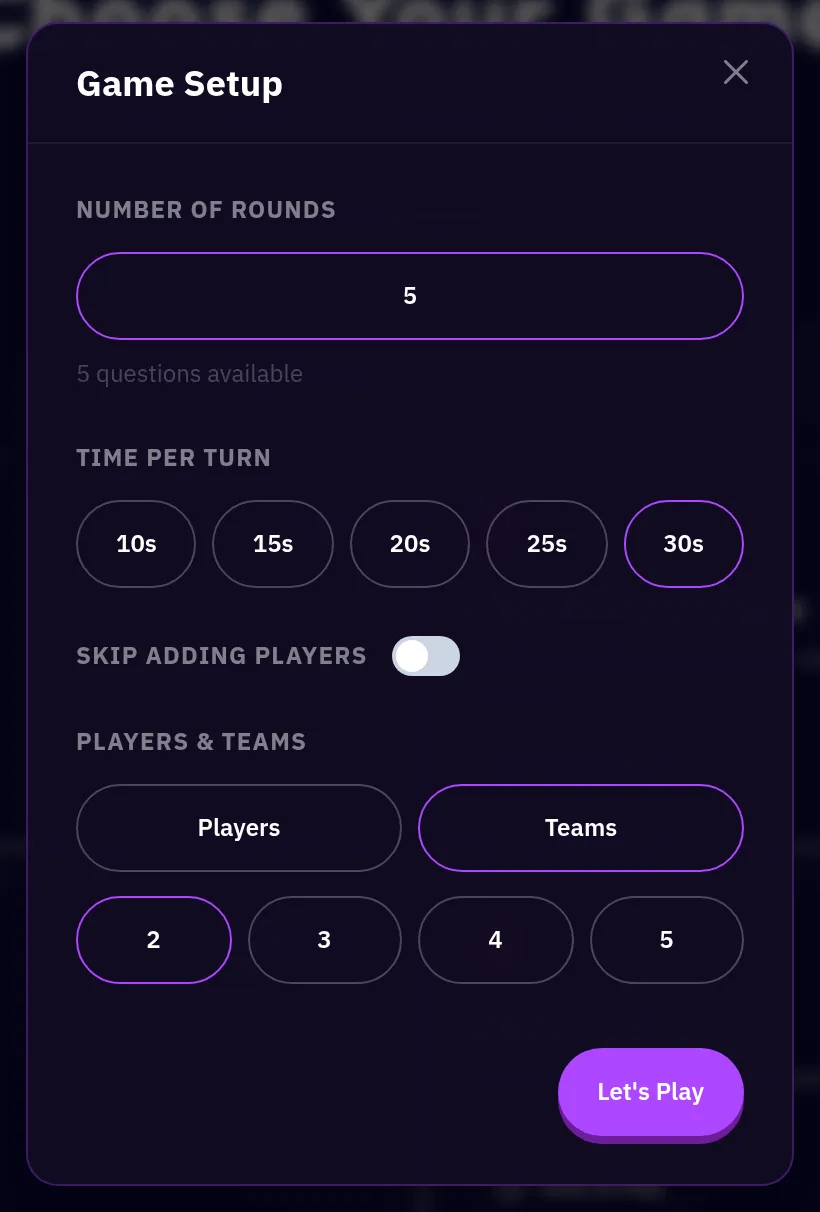Game Setup window with the number of rounds, the time per turn, players and teams, and a Let's Play button