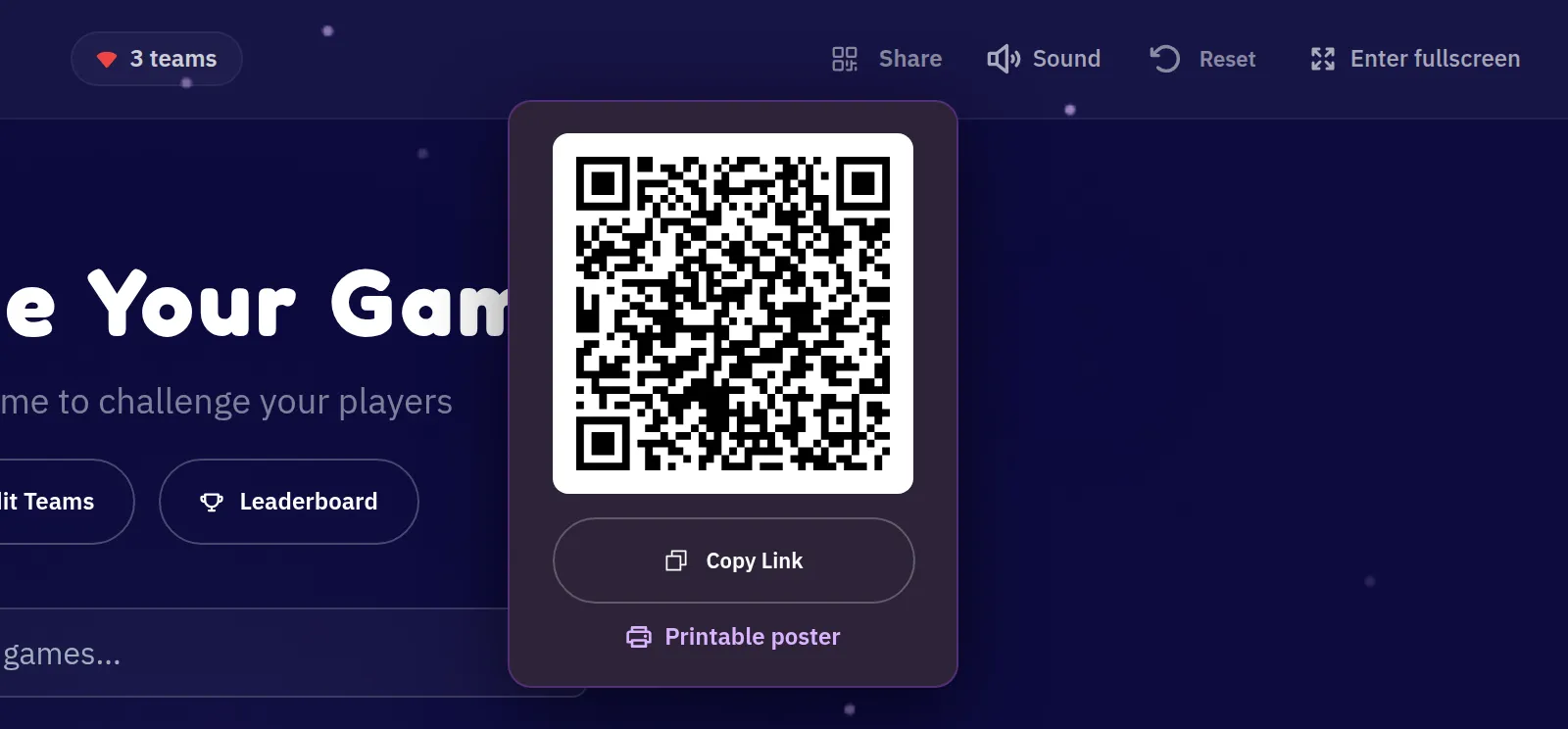 Host screen top bar with the Share menu open, showing a QR code, the join link, a Copy button and a Printable poster link