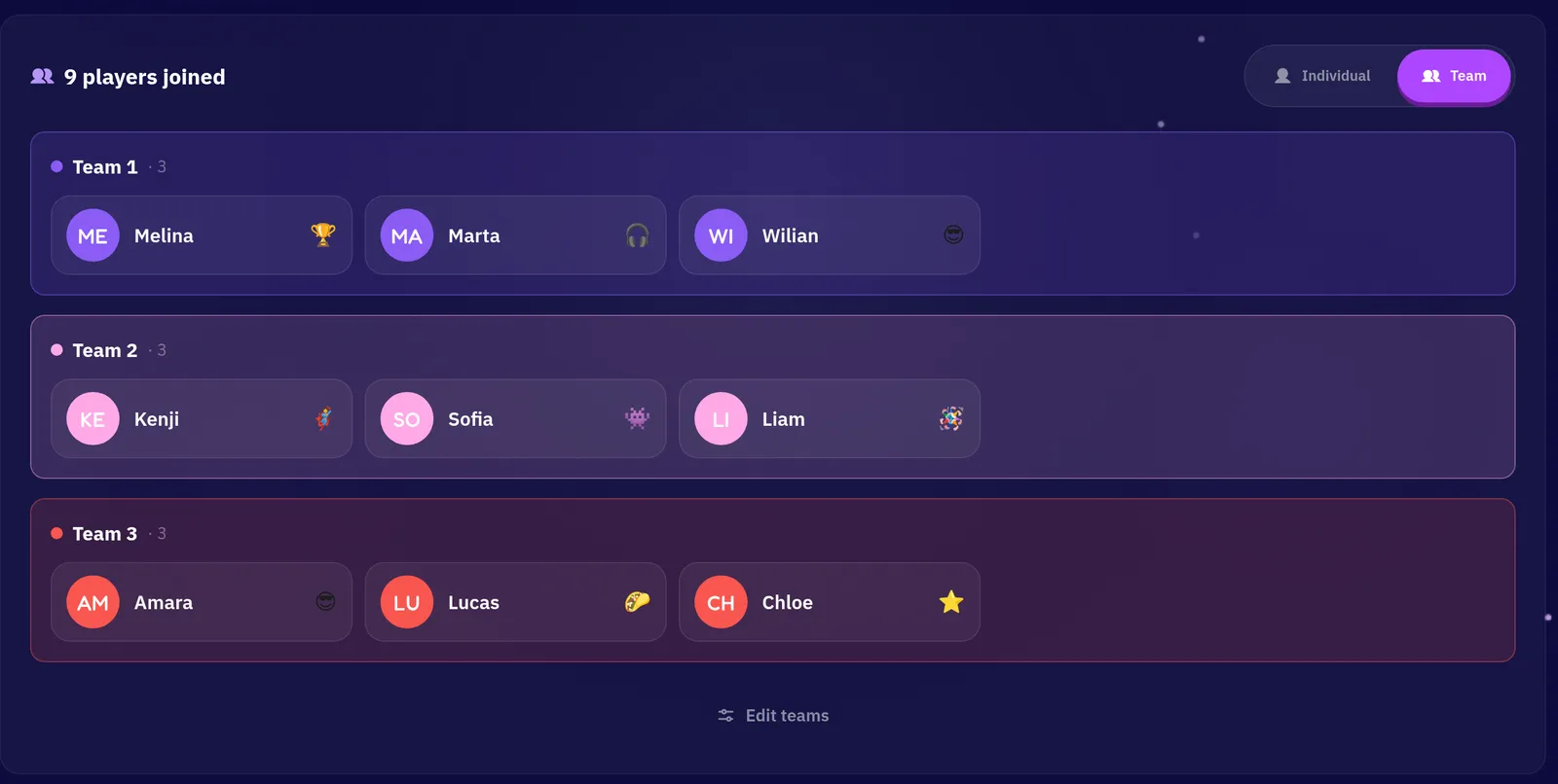 Host lobby with nine players split into three teams and the Individual and Team switch set to Team