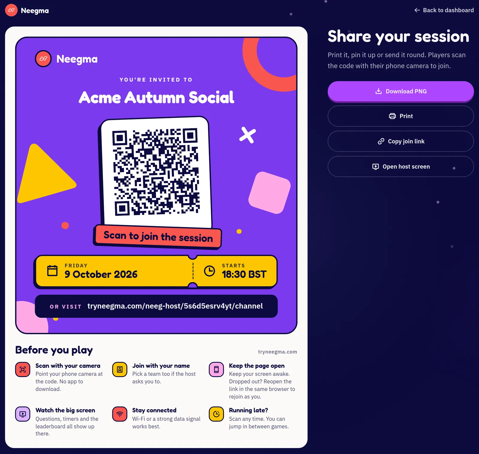 Share page for Acme Autumn Social: a QR code poster with the date, start time and join link, a Before you play tips list, and Download PNG and Print buttons