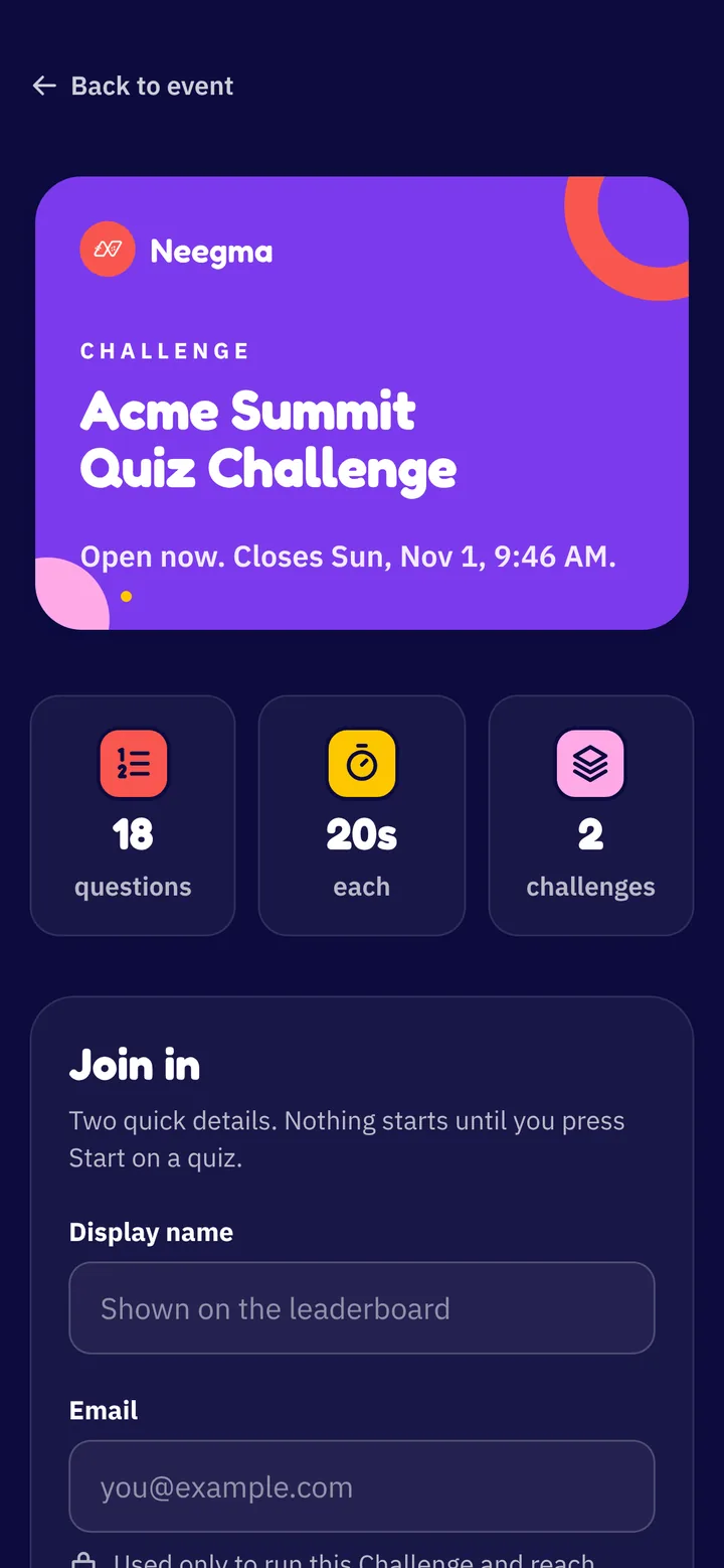 A Challenge on a phone: the title, open now with a closing date, 18 questions at 20 seconds each across 2 quizzes, and a Join in form for a name and email