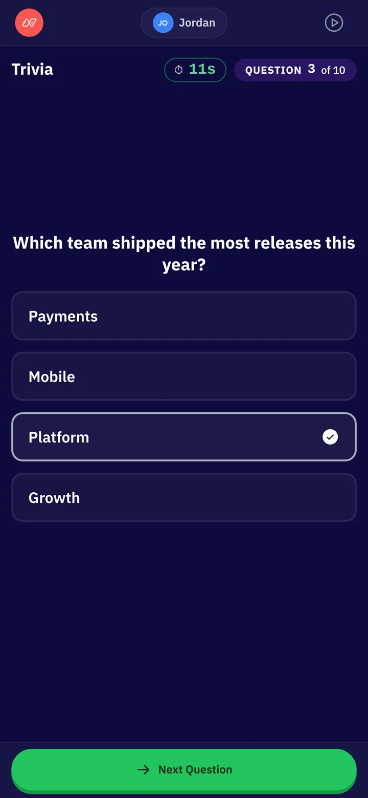 A Trivia question in a Challenge, question 3 of 10 with 11 seconds left, one answer picked and a Next Question button