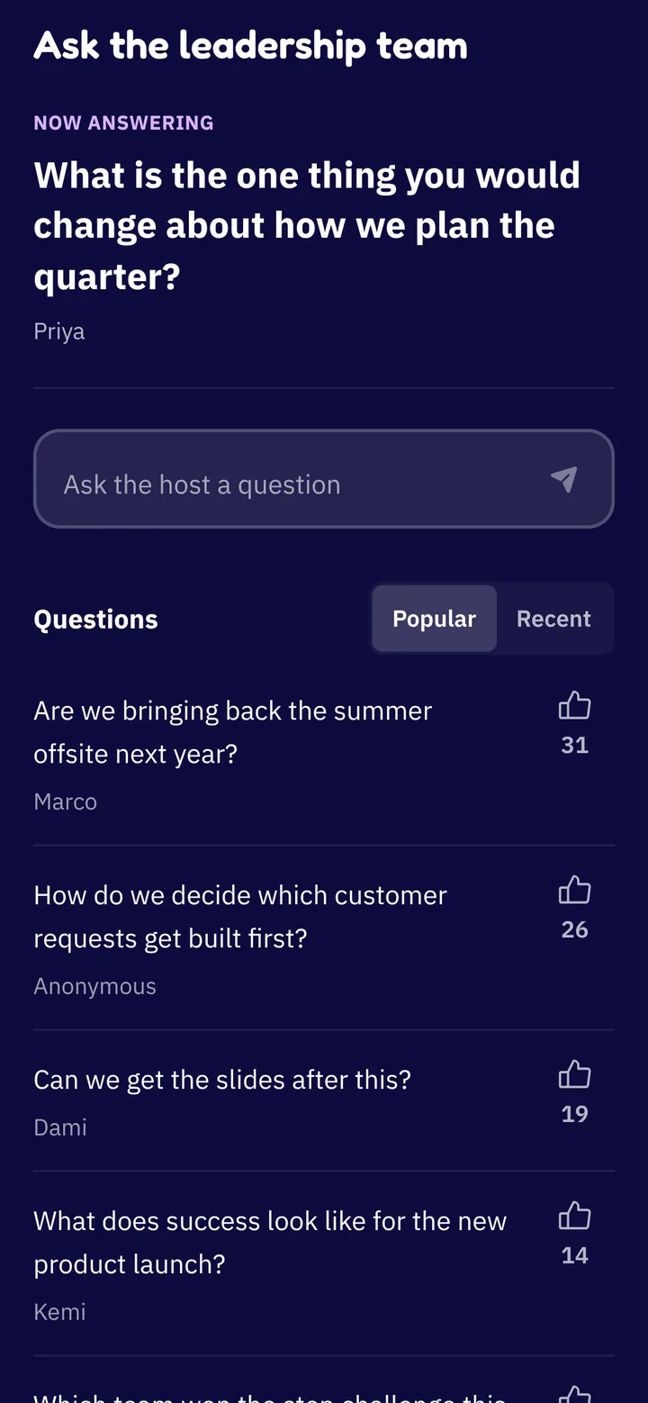 Live Q&A on a guest's phone: the question being answered now at the top, a box to ask the host a question, and the audience's questions sorted by votes
