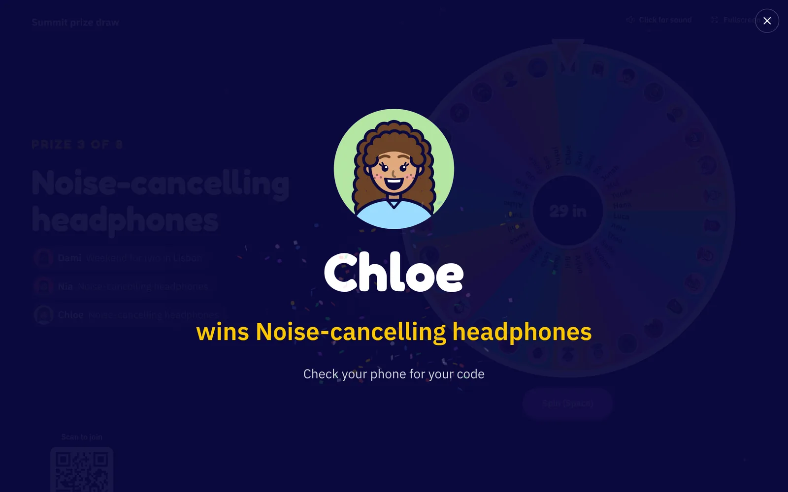 A winner reveal on the big screen: Chloe's avatar with confetti and the line Chloe wins Noise-cancelling headphones